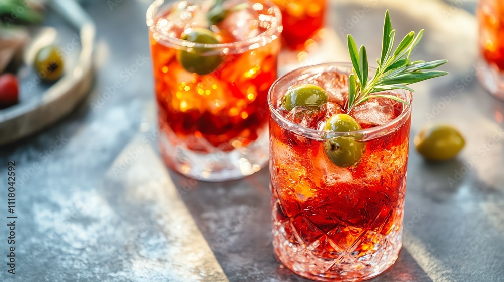Delicious cocktail served with olives and herbs. Delicious cocktail served with olives and herbs.