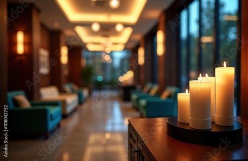 Luxury hotel lobby features warm lighting, elegant teal armchairs. Candles on table create calming atmosphere. Blurry background shows comfortable seating areas. Indoor space evokes relaxing