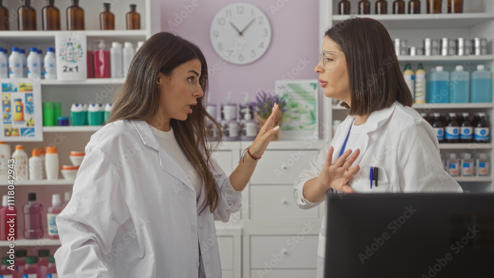 Two hispanic women pharmacists discussing in a pharmacy store interior. Two hispanic women pharmacists discussing in a pharmacy store interior.