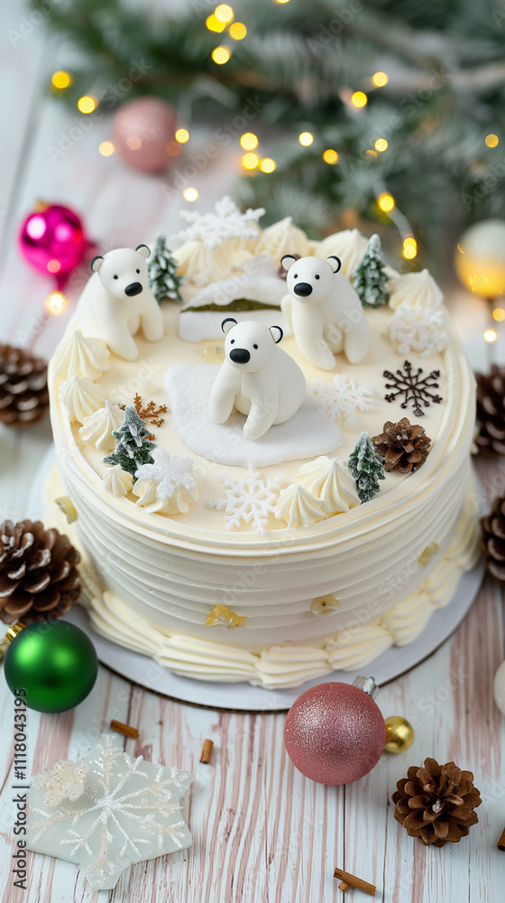 A festive and elegant Christmas cake with white fondant frosting, adorned with fondant polar bears, snowflakes, and a winter scene. A festive and elegant Christmas cake with white fondant frosting, adorned with fondant polar bears, snowflakes, and a winter scene.