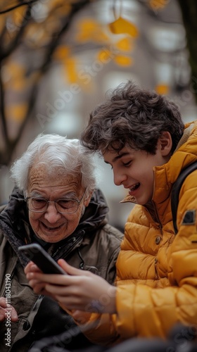 Elderly man and young boy share a joyful moment in the park