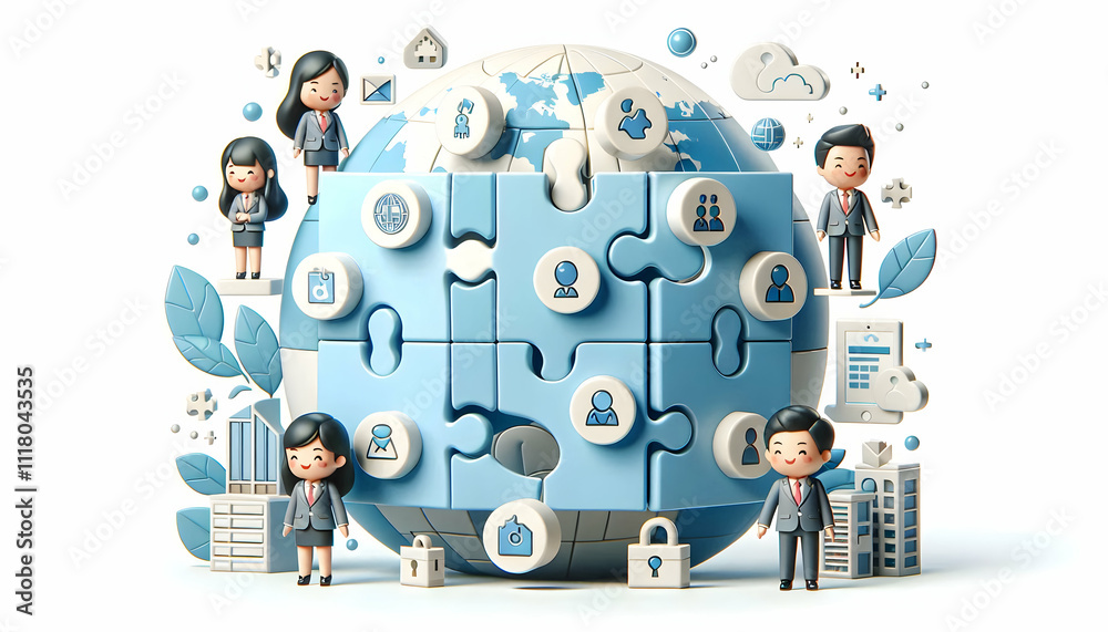 3D Floating puzzle pieces with team icons isolated on white background concept as Floating puzzle pieces adorned with team icons symbolizing flexibility and dynamic teamwork in team building puzzle so 3D Floating puzzle pieces with team icons isolated on white background concept as Floating puzzle pieces adorned with team icons symbolizing flexibility and dynamic teamwork in team building puzzle so