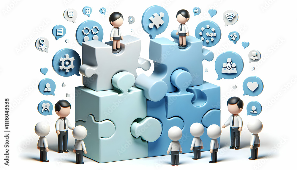 3D Floating puzzle pieces with team icons isolated on white background concept as Floating puzzle pieces adorned with team icons symbolizing flexibility and dynamic teamwork in team building puzzle so 3D Floating puzzle pieces with team icons isolated on white background concept as Floating puzzle pieces adorned with team icons symbolizing flexibility and dynamic teamwork in team building puzzle so