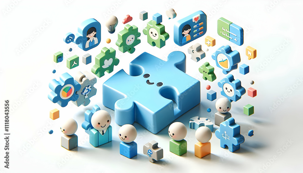 3D Floating puzzle pieces with team icons isolated on white background concept as Floating puzzle pieces adorned with team icons symbolizing flexibility and dynamic teamwork in team building puzzle so