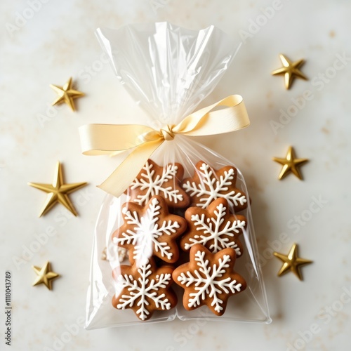 Christmas gift bag with gingerbread cookies. Transparent cellophane bag holds decorated cookies. Golden ribbon ties bag. Snowflake design on cookies. Presentation for holiday celebration. Surprise