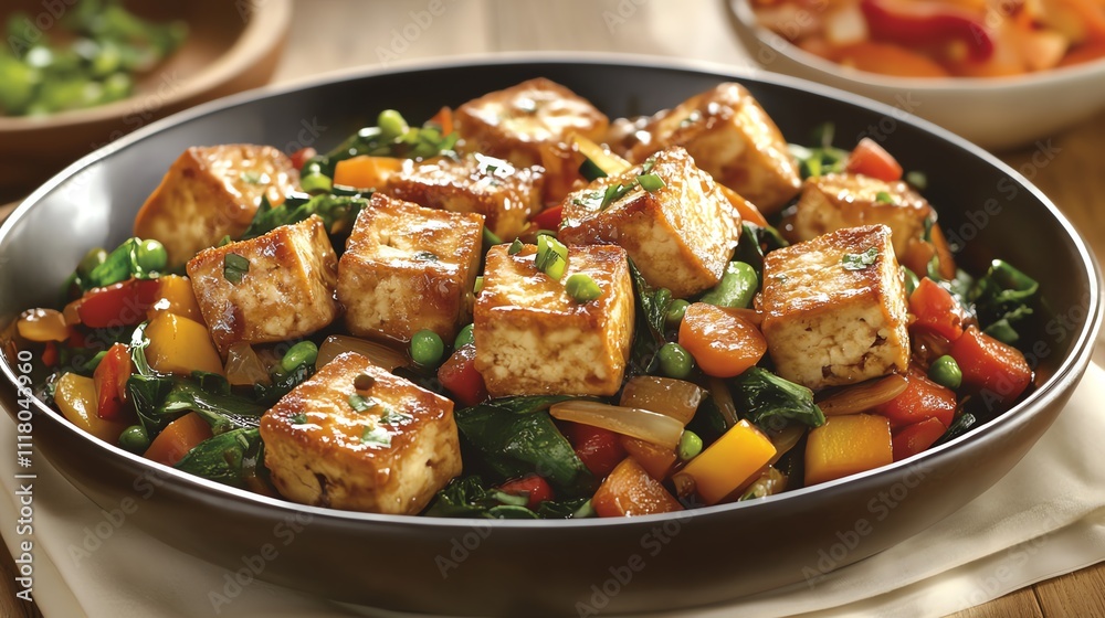 Delicious tofu stir-fry with vibrant vegetables and seasoning. Delicious tofu stir-fry with vibrant vegetables and seasoning.