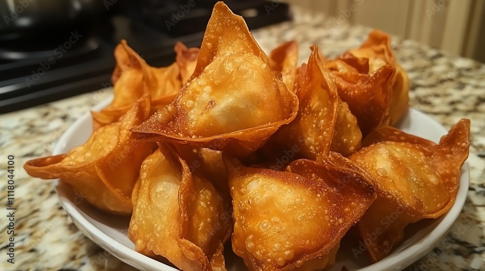 Deliciously fried wontons served in a white bowl.