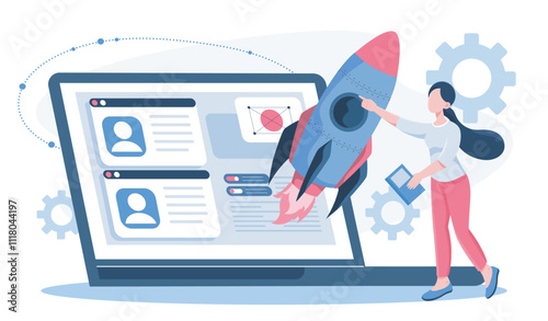 Business boost online. Woman with rocket near laptop. Promotion in social networks and Internet. IPO, initial public offering. Flat vector illustration