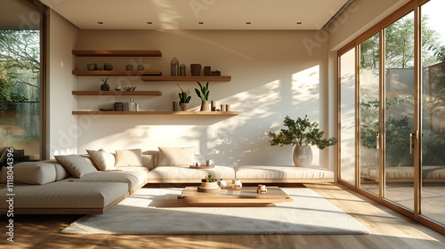 A living room with minimalist floating shelves and a low-profile sofa. photo