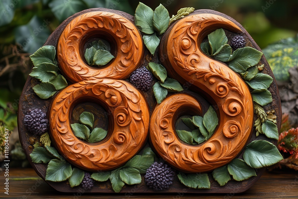 Ornate wooden carving featuring the numbers 8 and 5, surrounded by leaves and berries. Ornate wooden carving featuring the numbers 8 and 5, surrounded by leaves and berries.