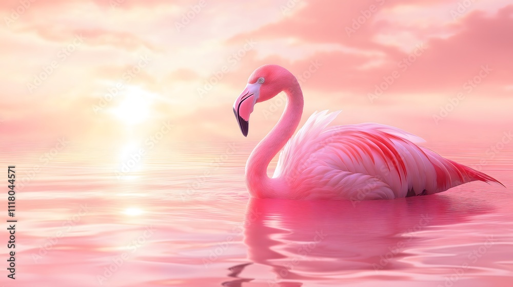 Fototapeta premium A flamingo wading in reflective pink hued waters during sunset, elegant and serene.