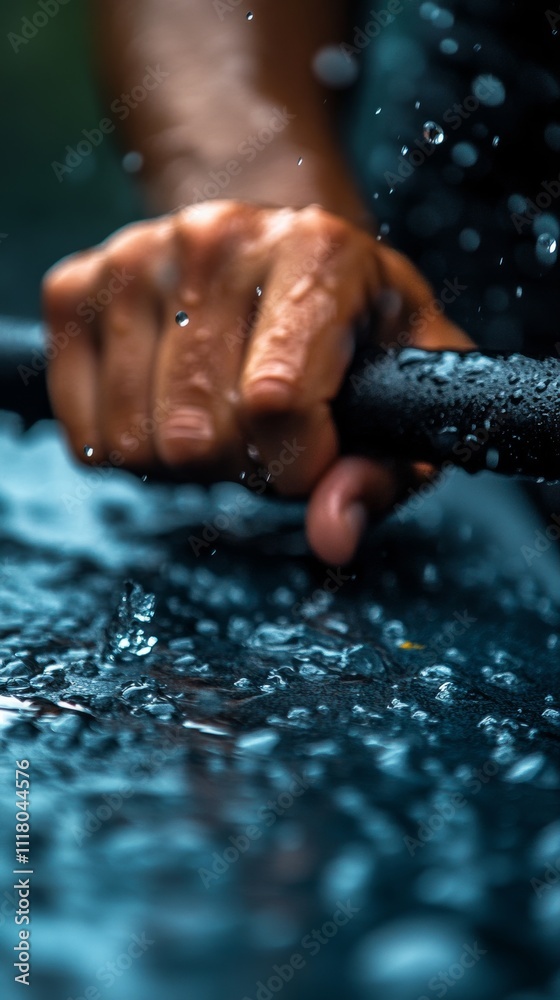 Hand gripping a wet surface during rainfall at a nature setting Hand gripping a wet surface during rainfall at a nature setting