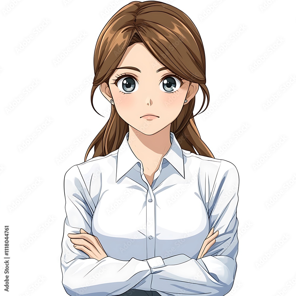 Anime-style office employee with a curious look on a white background Anime-style office employee with a curious look on a white background