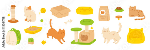 Cat and supplies flat collection. Vector cats and grooming accessories set. Cartoon kitten equipment bundle.