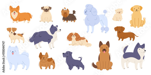 Dog breeds set. Cartoon vector isolated dogs collection. Flat purebred puppies bundle. photo