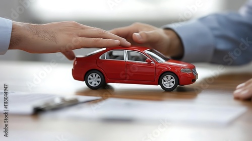 A car salesman presenting a car model to a customer, discussing sales proposal ideas, insurance, loans, and car installments