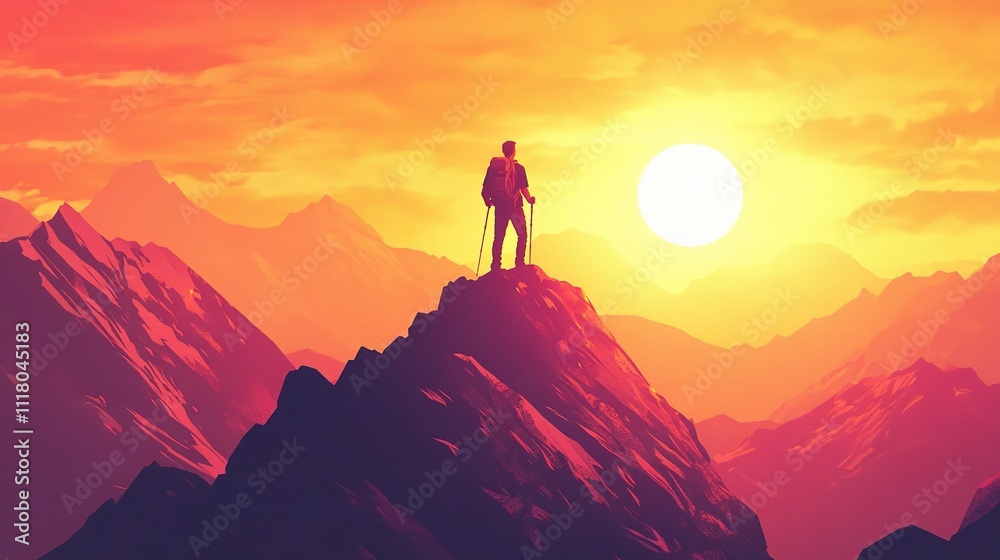 Determined Hiker at Sunset Over Mountain Peak with Scenic View Determined Hiker at Sunset Over Mountain Peak with Scenic View