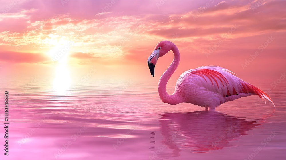 Fototapeta premium A flamingo wading in reflective pink hued waters during sunset, elegant and serene.