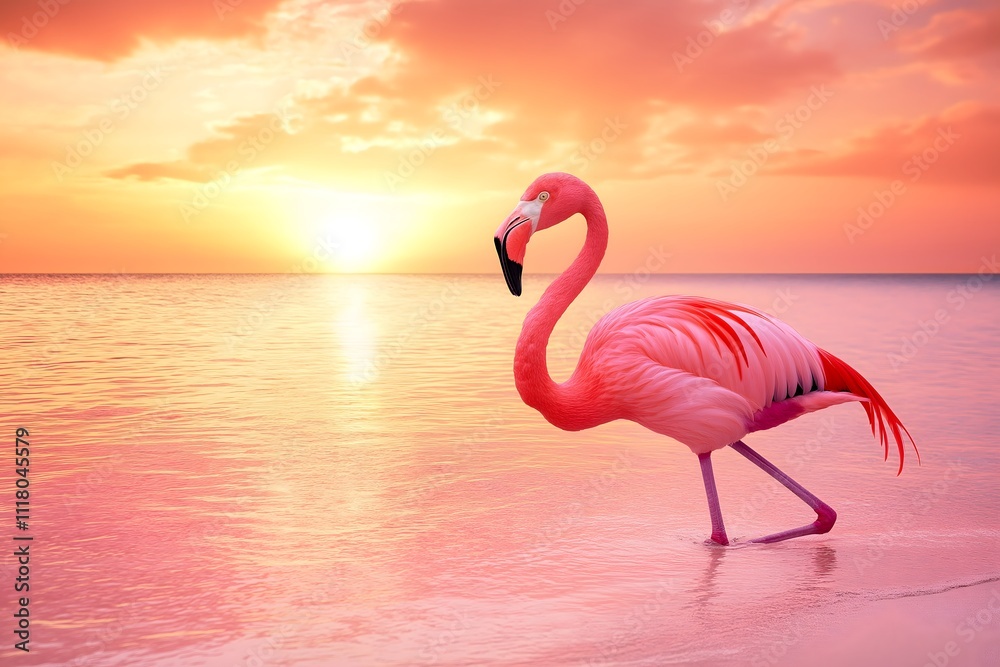Fototapeta premium A flamingo wading in reflective pink hued waters during sunset, elegant and serene.