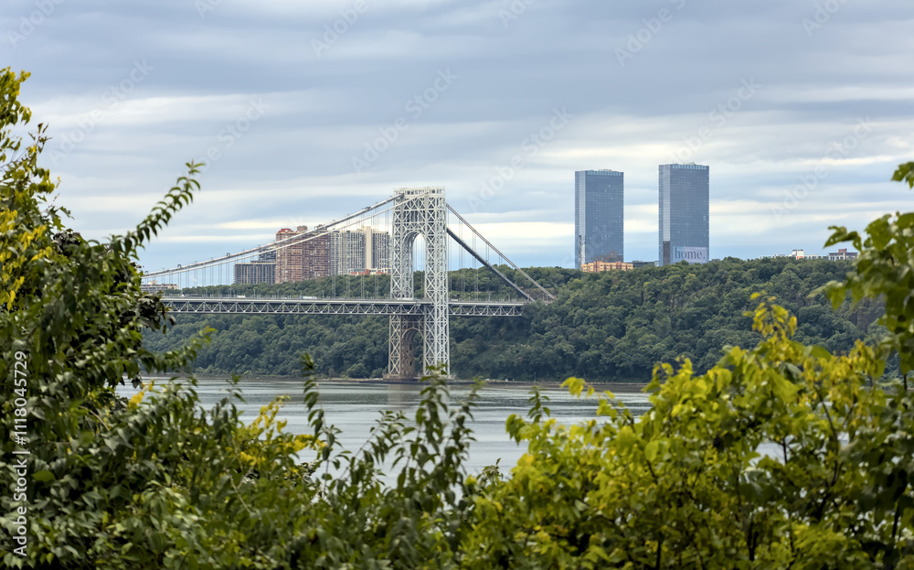 custom made wallpaper toronto digitalview of george washington bridge (gwb) cloudy day with hudson river and fort lee new jersey towers in background (palisades york manhattan city) fort tryon park scenic overlook travel tourism public