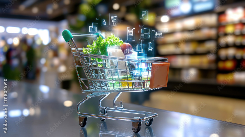 Smart shopping cart with produce and digital overlays