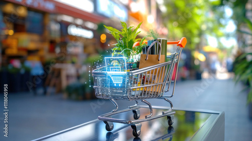 Shopping cart with digital icons and plants around