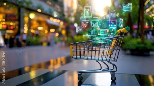 Digital-themed shopping cart with city background