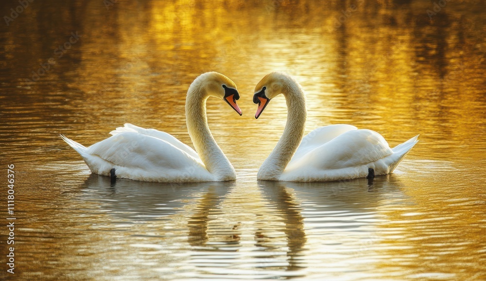 Fototapeta premium Two Swans Forming a Heart Shape on a Golden Lake