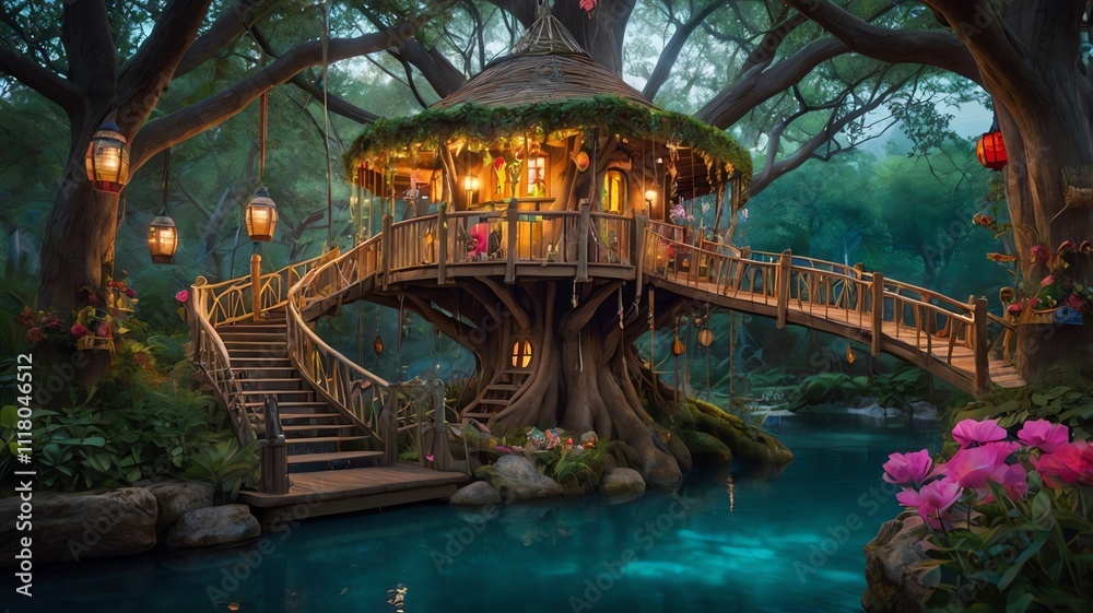 Obraz premium A wooden treehouse, nestled in a lush forest, over a calm pond. Cozy, with warm lighting
