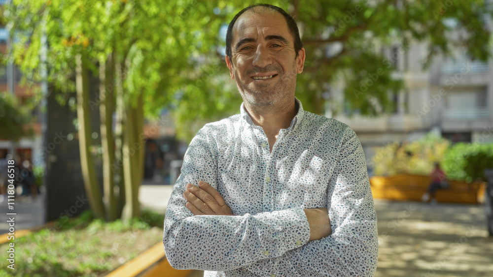 Fototapeta premium Middle-aged hispanic man standing confidently in a sunny outdoor park in an urban city environment, smiling with arms crossed.