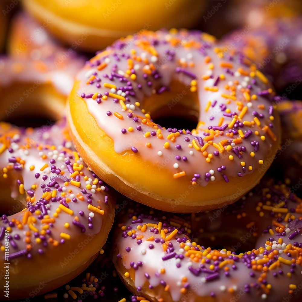 Donuts doughnuts with bright yellow purple sugar sprinkles on dark background. Colorful carnival or mardi grass card. Happy National donut day Concept Donuts doughnuts with bright yellow purple sugar sprinkles on dark background. Colorful carnival or mardi grass card. Happy National donut day Concept