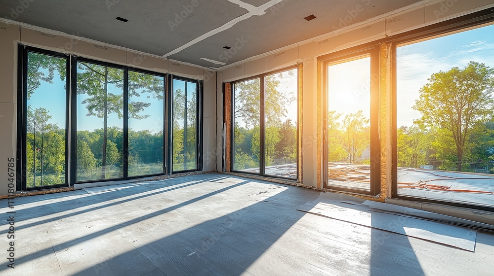 Fototapeta premium Refurbishment process in a bright space showcasing large windows and natural light