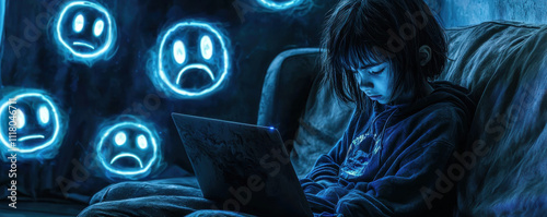 cyberbullying concept, sad teen with messy hair on sofa
