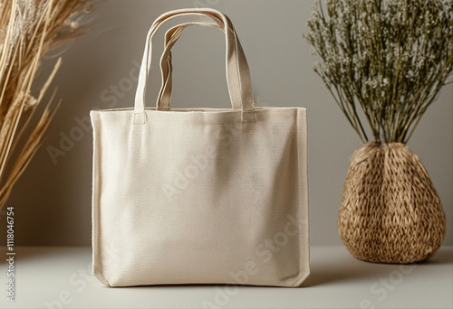 Beige canvas tote bag with two handles, placed on a flat surface.