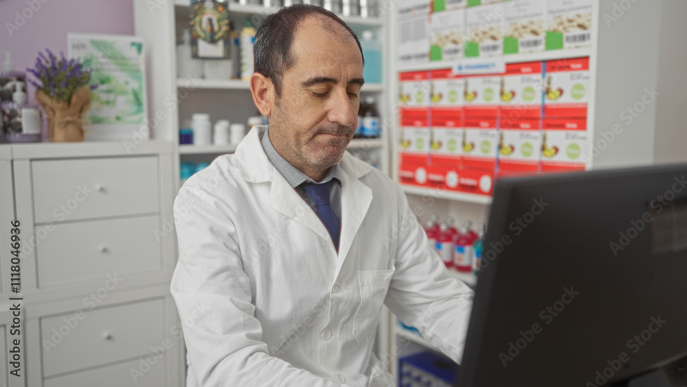 A mature hispanic man works at a computer in a pharmacy, surrounded by various medicines and pharmaceutical products, wearing a white coat. A mature hispanic man works at a computer in a pharmacy, surrounded by various medicines and pharmaceutical products, wearing a white coat.