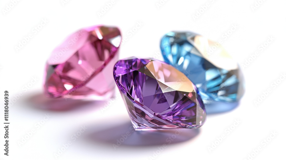 Three sparkling gemstones—pink, purple, and blue—captured in bright light, showcasing their brilliance and intricate facets against a white background.