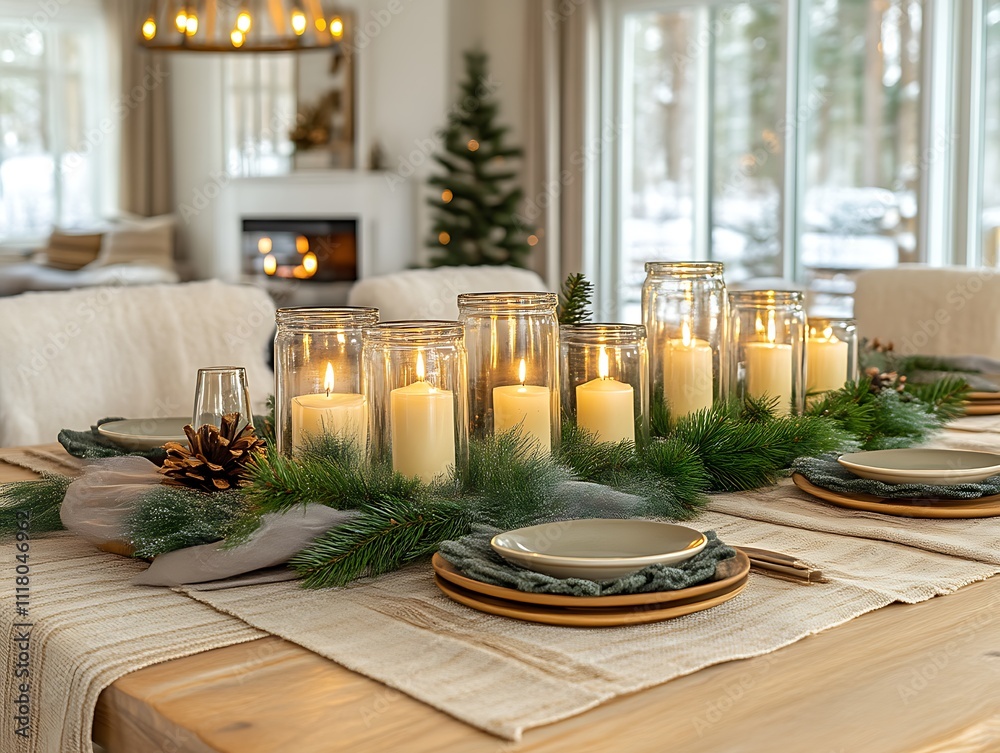 Fototapeta premium Festive Christmas Table Setting With Candles And Greenery