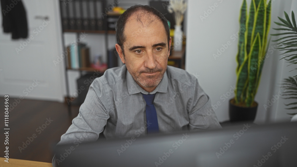 Hispanic, middle-aged man working indoors at an office desk, appearing focused and serious, with folders and plants in the background. Hispanic, middle-aged man working indoors at an office desk, appearing focused and serious, with folders and plants in the background.