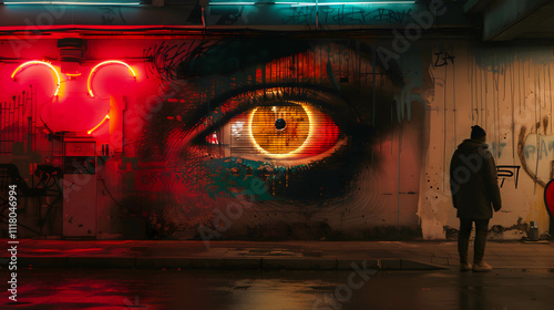 Vibrant Cyberpunk Mural with Illuminated Eye..