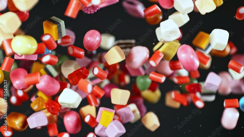 Super Slow Motion of Flying Candies up in the Air. Isolated on Black Background. Camera Moving Around. Filmed on High Speed Cinema Camera, 1000 fps. Super Slow Motion of Flying Candies up in the Air. Isolated on Black Background. Camera Moving Around. Filmed on High Speed Cinema Camera, 1000 fps.