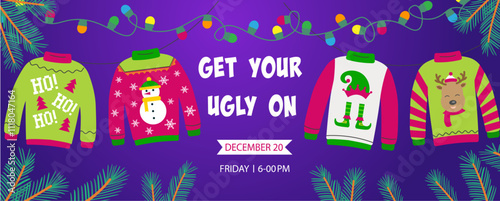 Ugly sweater party banner, background or invitation with hanging lights string and different sweaters. Christmas holiday decoration. Layout template. Get your ugly on text.