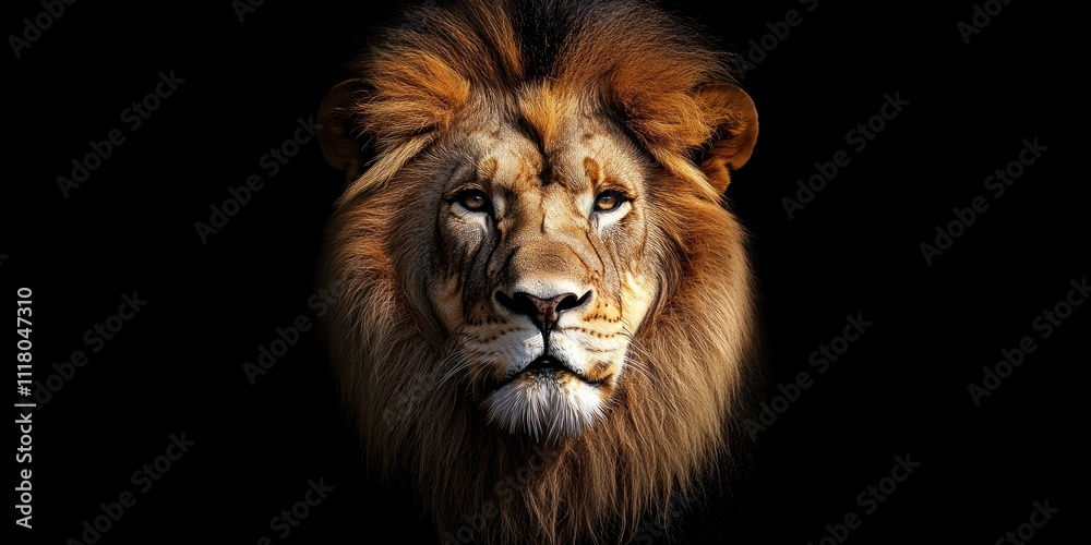 Majestic lion's head portrait against a black background. Majestic lion's head portrait against a black background.