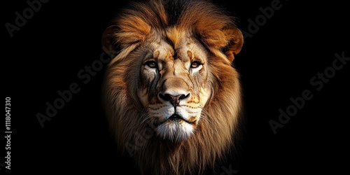 Majestic lion's head portrait against a black background.