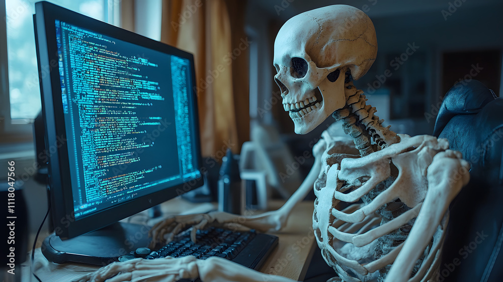 A skeleton sitting at a computer, writing code on the screen. This humorous and quirky image symbolizes the hard work, dedication, and long hours of coding, blending the supernatural with the tech wor A skeleton sitting at a computer, writing code on the screen. This humorous and quirky image symbolizes the hard work, dedication, and long hours of coding, blending the supernatural with the tech wor