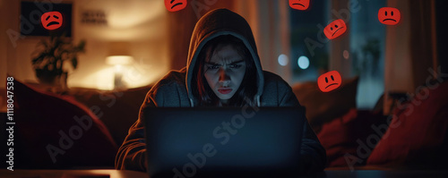 cyberbullying concept, teenager in hoodie focused on laptop