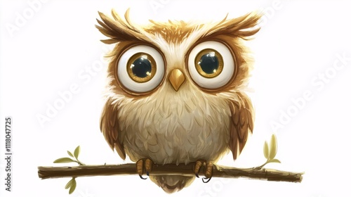 Adorable Baby Owl Perched on Branch Cute Bird Illustration Wildlife Nature photo