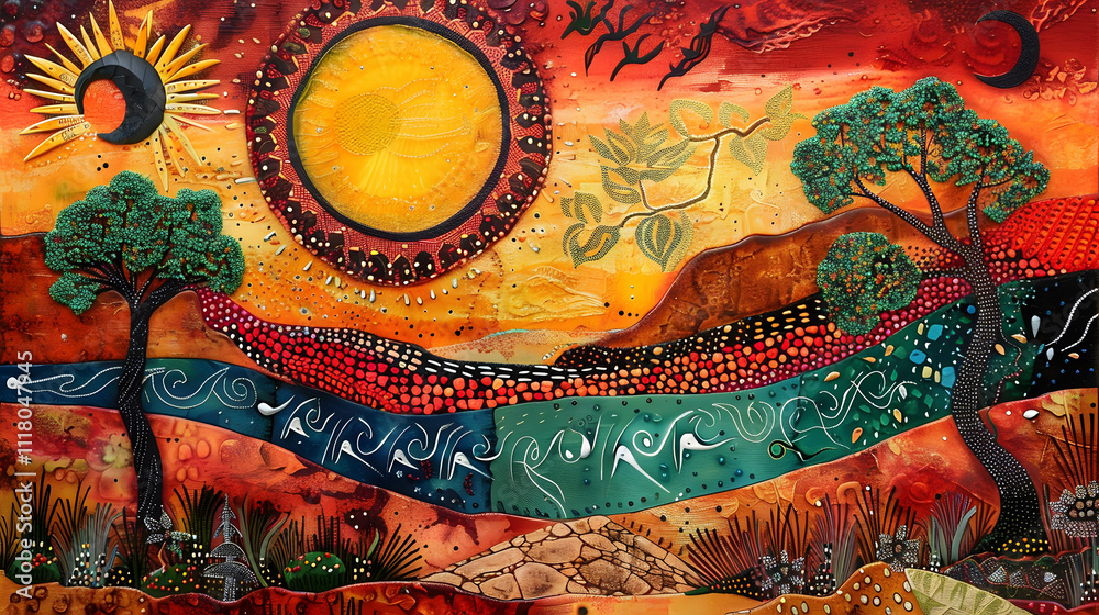 Dreamtime Landscape with Sun and Moon Symbols.. Dreamtime Landscape with Sun and Moon Symbols..