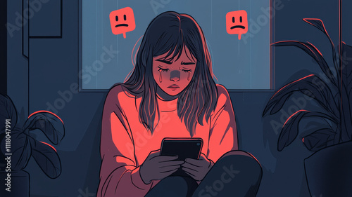 cyberbullying concept, woman sitting floor, feeling sad and alone