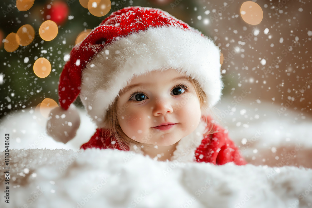 An adorable toddler in a Santa hat, exploring snowy surroundings with an innocent and curious gaze. An adorable toddler in a Santa hat, exploring snowy surroundings with an innocent and curious gaze.
