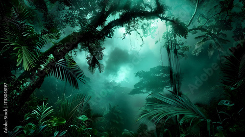 Enigmatic Misty Rainforest with Hanging Vines